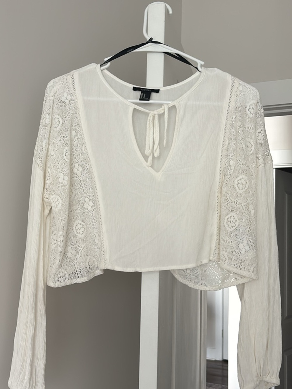 Forever 21 Cream Crochet-Sleeve Tie-Neck Blouse